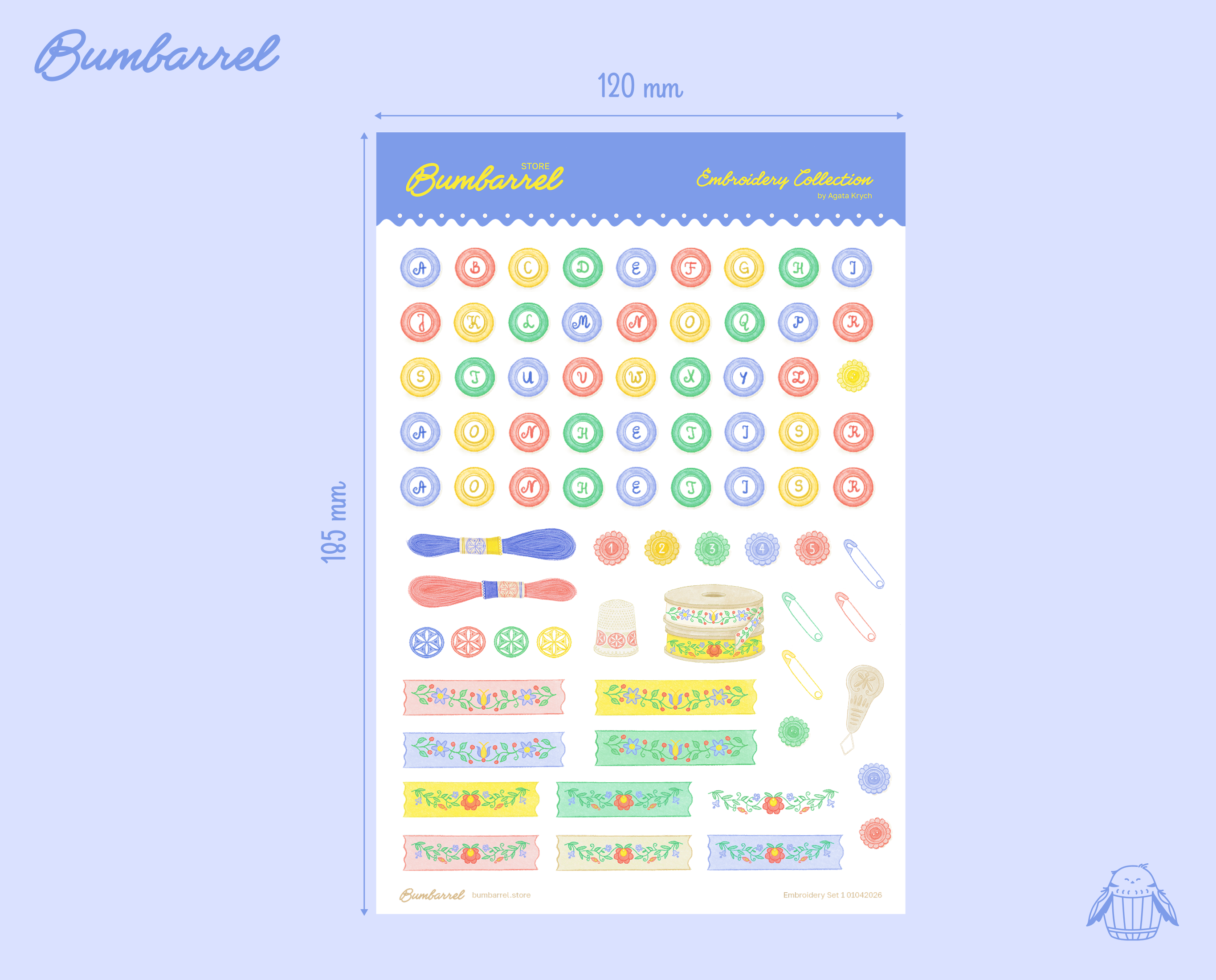 Folk Heritage Button Alphabet & Washi Sticker Sheet | Set 3 of 3 Embroidery Collection