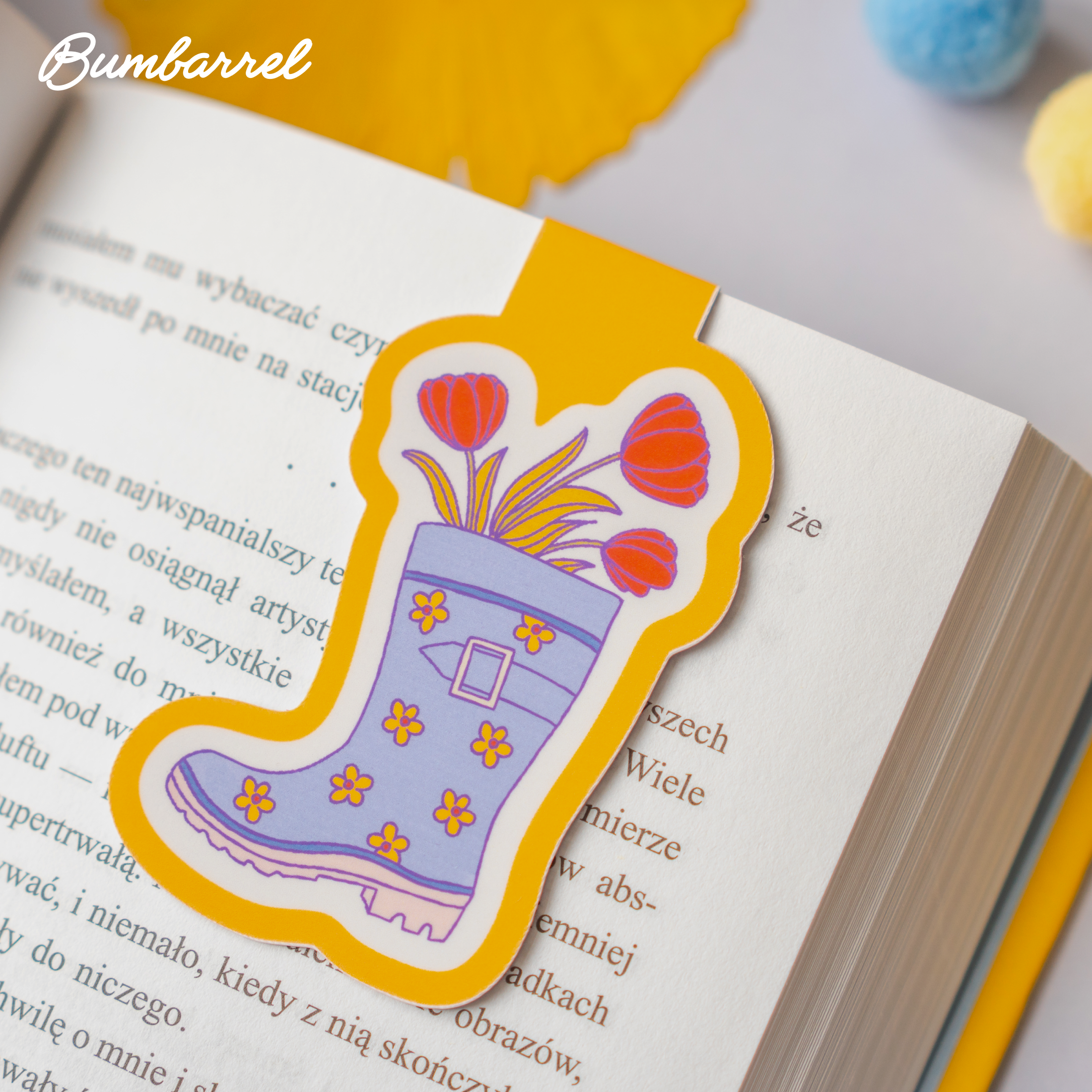 Blue Welly Boot Bookmark | Hand-Painted Red Tulips & Yellow Spring Flowers
