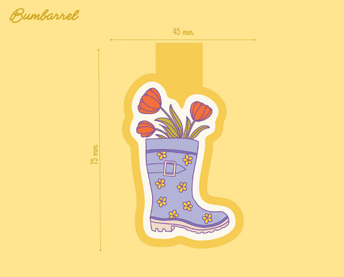 Blue Welly Boot Bookmark | Hand-Painted Red Tulips & Yellow Spring Flowers