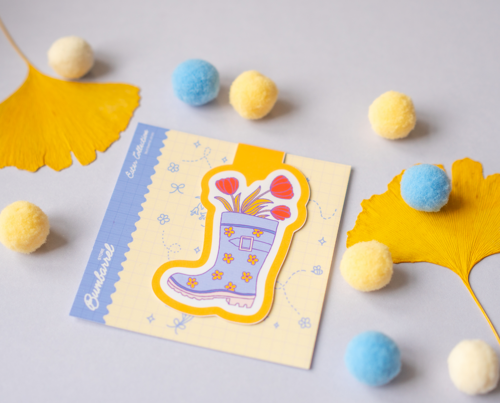 Blue Welly Boot Bookmark | Hand-Painted Red Tulips & Yellow Spring Flowers