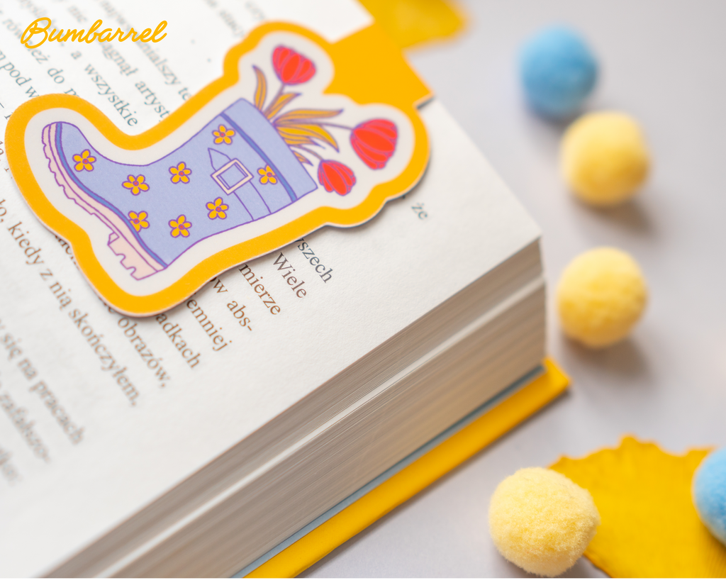 Blue Welly Boot Bookmark | Hand-Painted Red Tulips & Yellow Spring Flowers