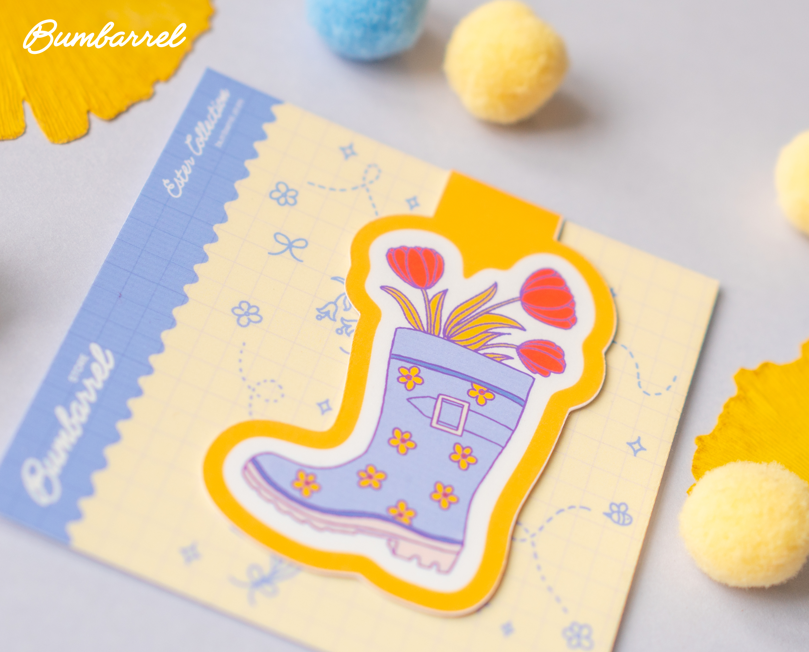 Blue Welly Boot Bookmark | Hand-Painted Red Tulips & Yellow Spring Flowers