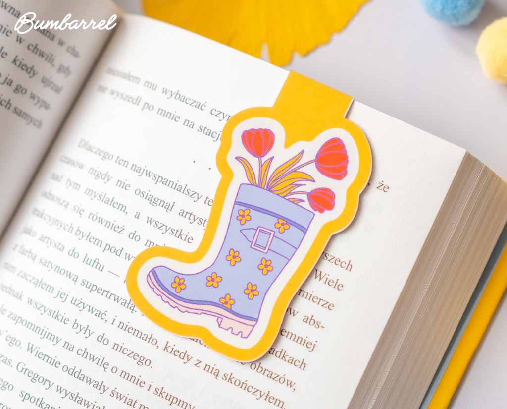 Blue Welly Boot Bookmark | Hand-Painted Red Tulips & Yellow Spring Flowers