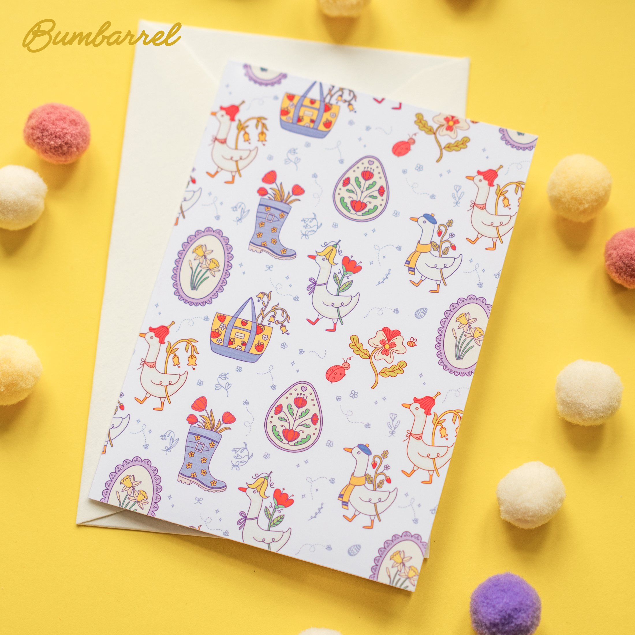 Spring Folk Art Greeting Card | Hand-Painted Goose, Egg, Floral Boot Print