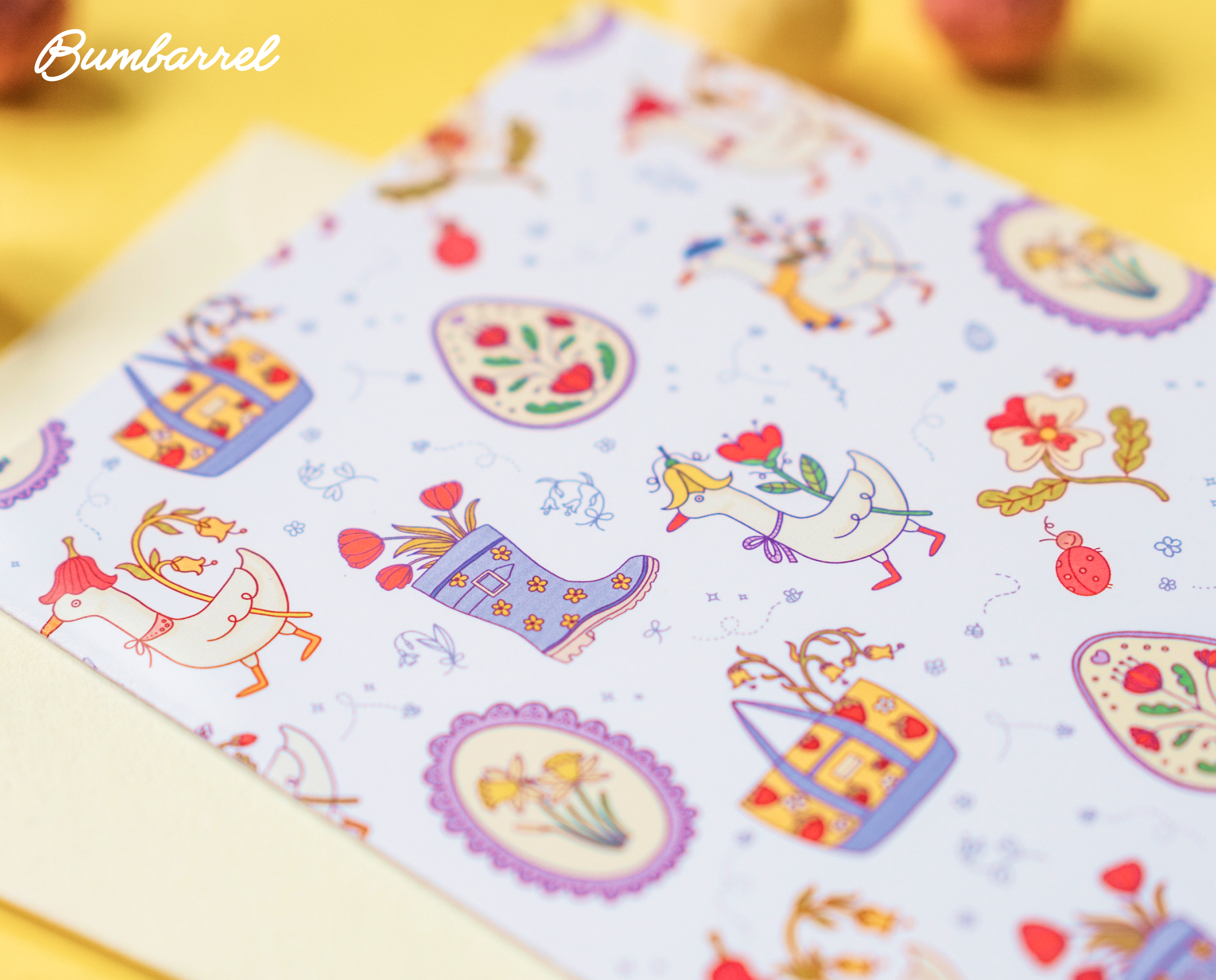 Spring Folk Art Greeting Card | Hand-Painted Goose, Egg, Floral Boot Print