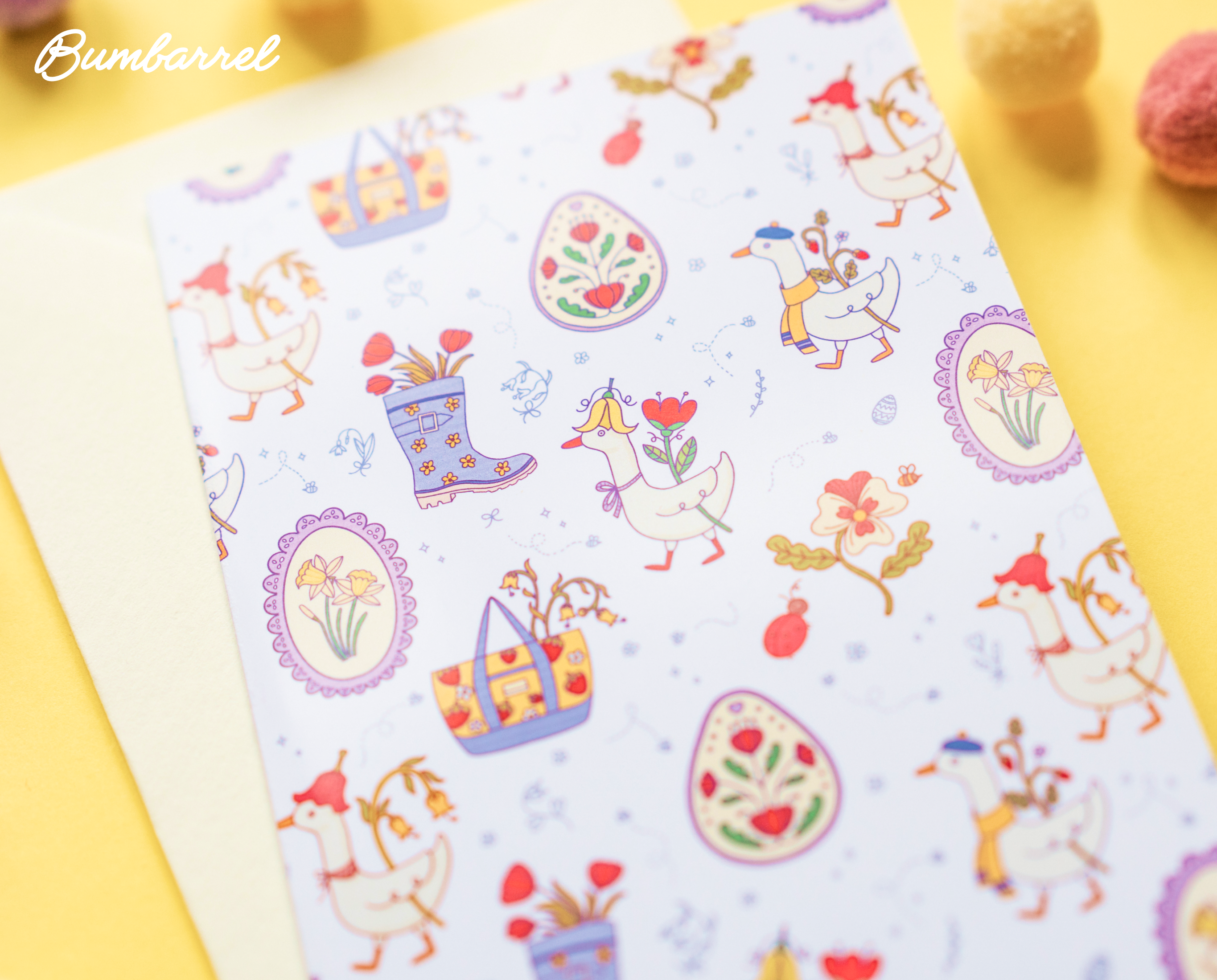 Spring Folk Art Greeting Card | Hand-Painted Goose, Egg, Floral Boot Print