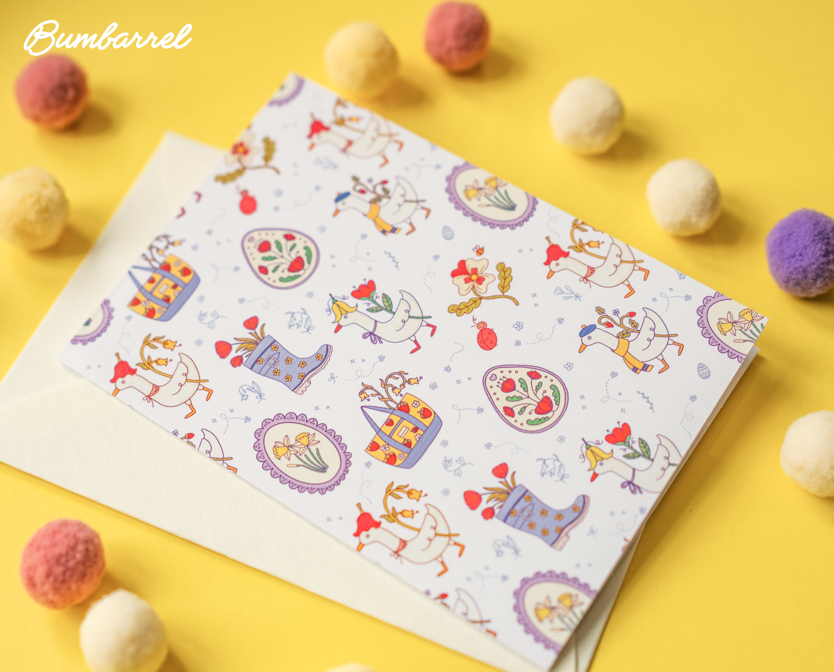 Spring Folk Art Greeting Card | Hand-Painted Goose, Egg, Floral Boot Print